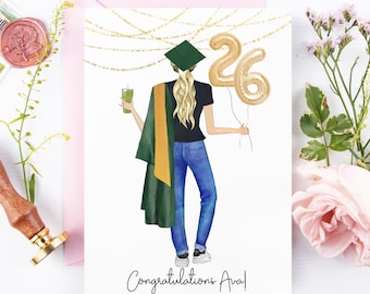 Tarjeta de graduación / Tarjeta personalizada para estudiantes de último año / Felicitaciones al graduado / Toga y birrete / Clase de 2026 / Graduación / Universidad / Escuela secundaria