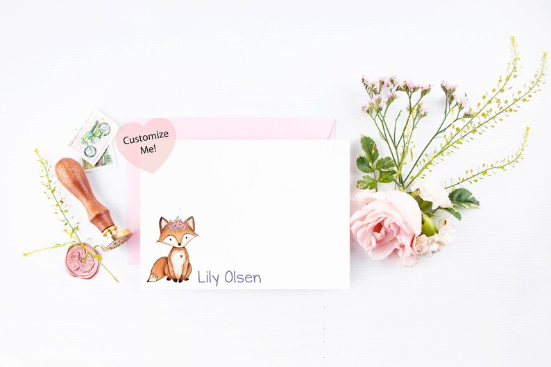 Woodlands Fox Stationery Personalized Note Cards Baby Shower Thank You Cards Watercolor Deer Woodland Rustic Stationary 22-23 image 1