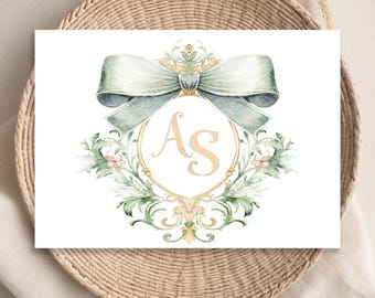 May include: A watercolor illustration of a monogram with the initials "AS" in a gold frame. The monogram is surrounded by green foliage and a large green bow.