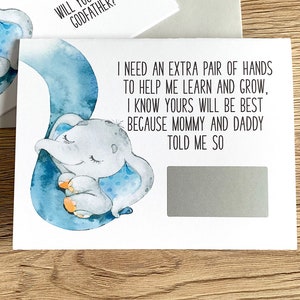 Propuesta de Padrino Scratch Off Card / Baby Boy Elephant Poem Necesito un par de manos extra para ayudarme a aprender y crecer / Bautizo del bautismo