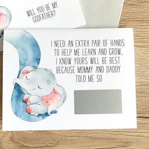 Propuesta de Padrino Scratch Off Card / Poema de elefante Necesito un par de manos extra para ayudarme a aprender y crecer / Bautizo del bautismo