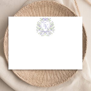 Tarjetas planas con monograma de 2 letras, escudo en acuarela morado y verde, notas con monograma inicial de 2 letras para parejas, tarjetas de agradecimiento 25-33