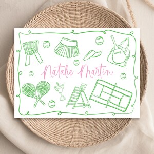 Cartões de ícones de tênis personalizados para ela, saia de bola de raquete de tênis, campeão de cesta, cartões de papelaria para meninas, cores personalizadas para ela de 25 a 57 anos