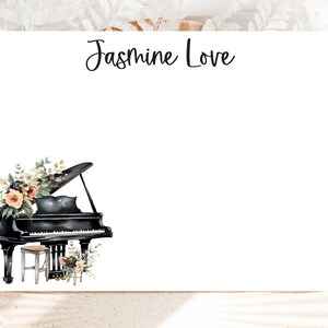 Cartes de correspondance pour piano à queue, piano noir personnalisé avec papeterie de fleurs bohèmes, cartes plates pour elle, cadeau pour elle, papeterie pour pianiste 23-40