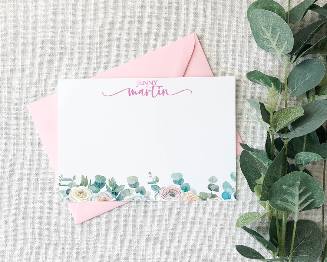 Personalized Rose Stationery for Women | Custom Watercolor Rose FLAT ...