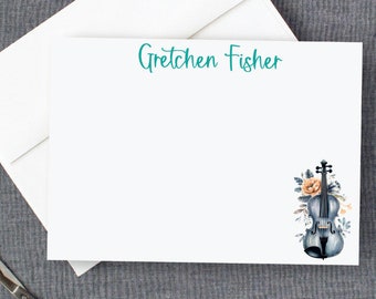 Personalized Violin Viola Notecards, Custom Boho Floral Orchestra Stationery, FLAT Cards for Her Gift for Her Violin String Stationary 23-43