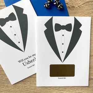 Usher Scratch Off Card - Propuesta para Usher- Will You Be My Groomsman - Best Man - Classic Tuxedo Card - Corbata negra - Tarjeta para amigo