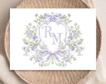 May include: A watercolor illustration of a monogram with the initials "RM" in a purple and green floral wreath. The wreath is tied with a purple ribbon and bow.