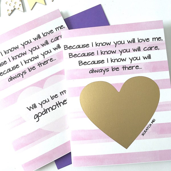 Godmother Proposal Scratch Off Card -  Because I know You Will Love Me Poem Proposal - Baptism Christening - Purple Stripes