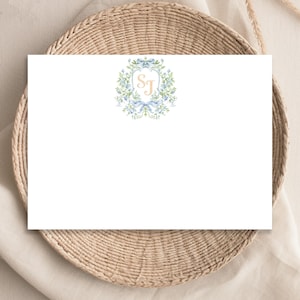 Tarjetas planas con monograma de 2 letras, escudo azul y verde de acuarela, notas con monograma inicial de 2 letras para parejas, tarjetas de agradecimiento de 25 a 40
