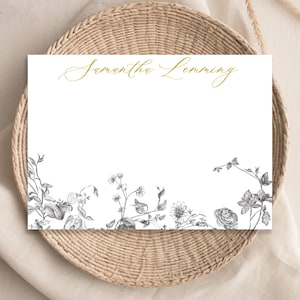 Papelería personalizada para ella, tarjetas de notas personalizadas con motivos florales vintage, papelería de agradecimiento con nombre personalizado, 10 tarjetas PLANAS + sobres de 25 a 47