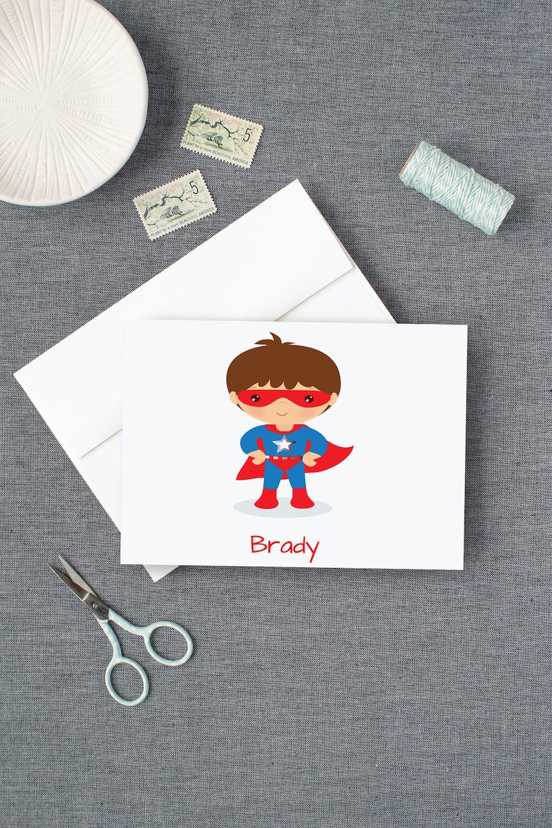 Personalized Boys Stationery, Superhero Note Cards for Little Man, Super Hero Stationary for Kids Dm601 image 1