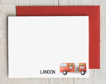 Papelería personalizada para camiones de bomberos para niños / Tarjetas de notas de bomberos para niños / Camión de bomberos rojo estacionario para niños Cumpleaños Gracias 22-44