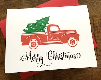 Personalized Christmas Cards - Red Truck and Christmas Tree Cards - Holiday Cards - Seasons Greetings Christmas Card DM720