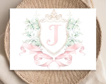 May include: A watercolor illustration of a pink letter J in a gold and white crest with a pink ribbon bow and green leaves.