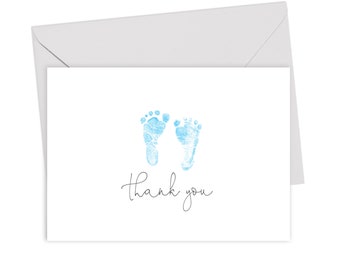 Baby Shower Thank You Note Card Set, Personalized Baby Footprints Stationery, Blue Footprints, Baby Footprints Thank You Shower Gift 22-124