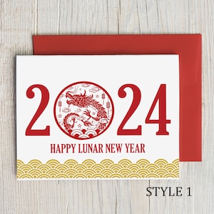 Lunar New Year 2024 Card | Chinese New Year 2024 Card | Year of the Dragon | Red and Gold Lunar New Year Card | Happy New Year Hare Zodiac