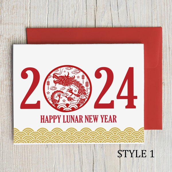 Carte Nouvel an lunaire 2024 | Carte Nouvel an chinois 2024 | Année du Dragon | Carte Nouvel An lunaire rouge et or | Signe astrologique du lièvre, bonne année