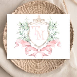 Tarjetas de notas con monograma de 2 letras, con escudo en acuarela rosa y verde, notas con monograma de papelería de 2 letras, regalo para parejas, agradecimiento plegado, 25-22