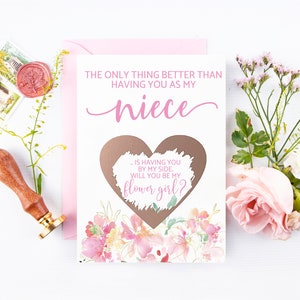 Flower Girl Proposition Nièce Scratch Off Carte | La seule chose mieux que de t’avoir comme nièce | Nièce Fleur Fille Demandant Carte Or Rose