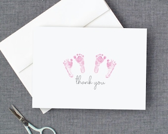 Twins Baby Shower Thank You Note Card Set, Pink Baby Footprints, Twin Girls Pink Footprints, Baby Footprints Thank You Cards, Baby Shower