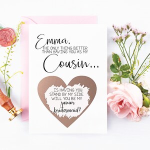 Demoiselle d’honneur junior demandant une carte pour cousin - Rose Gold Cousin Scratch Off Proposal Card | Demoiselle d’honneur junior | Flower Girl Carte de cousin personnalisé