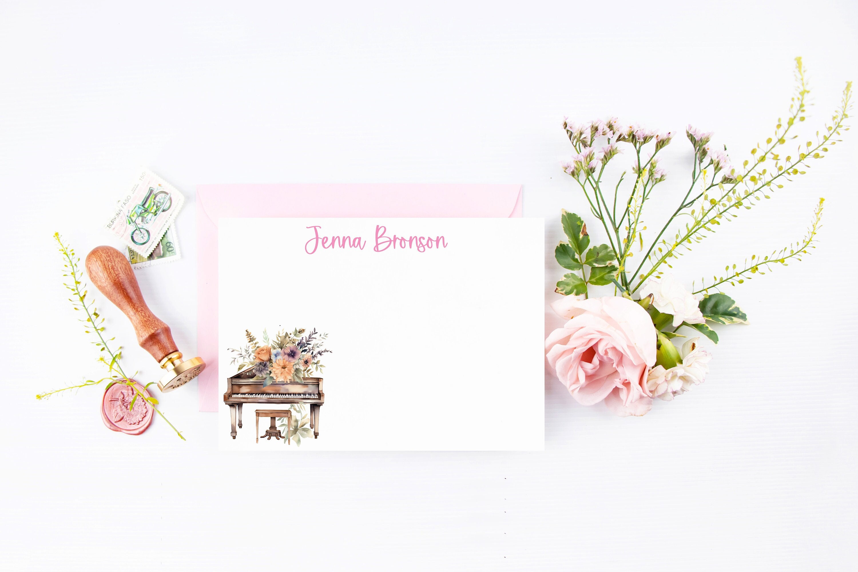 Piano Notecards, Personalized Grand Piano with Boho Flowers Stationery, FLAT Cards for Her, Gift for Her, Pianist Stationary 23-41