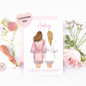 Ehrmädchen Karte - Braut und MOH Robe - Will You Be My Bridesmaid Karte - Schwesterkarte Brautjungfer - Wählen Sie Ihre Haaroption