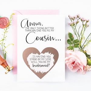 Demoiselle d’honneur demandant une carte pour cousin - Rose Gold Cousin Scratch Off Proposition Card | Demoiselle d’honneur junior | Carte de cousin personnalisé de demoiselle d’honneur