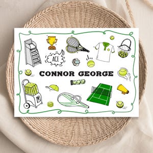 Boys Personalized Tennis Icons Note Cards for Him, Tennis Racket Ball Basket Champion, Boys Cards Stationery, Custom Colors for Him 25-58