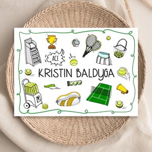 Personalized Tennis Icons Note Cards for Her, Tennis Racket Ball Skirt Basket Champion, Girls Cards Stationery, Team Captain Gift 25-62