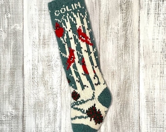 Knit Christmas Stocking Patterns, Christmas Stocking Pattern, Cardinals, Birch Trees, Knitting Pattern, Holiday Knit Pattern, Personalize