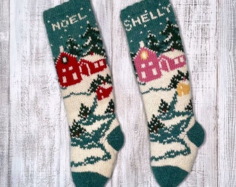 Knit Christmas Stocking Patterns, Christmas Stocking Pattern, Village, Snow Pine Trees, Knitting Pattern, Holiday Knit Pattern, Personalize