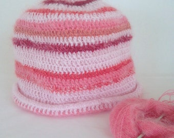 Baby Beanie, Crocheted Pink Hat, Baby Girl Gift, Stripe Hat, Stripe Beanie, Mohair Hat, Baby Hat, Stocking Stuffer, Photo Prop