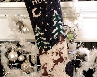 Knit Christmas Stocking Patterns, Vintage Christmas Stocking Pattern, Reindeer Snow Pine Trees, Knitting Pattern, Holiday Knit Pattern