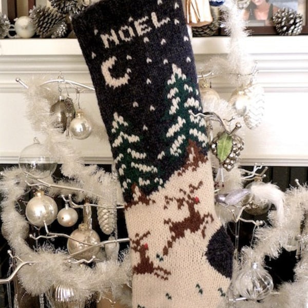 Knit Christmas Stocking Patterns, Vintage Christmas Stocking Pattern, Reindeer Snow Pine Trees, Knitting Pattern, Holiday Knit Pattern