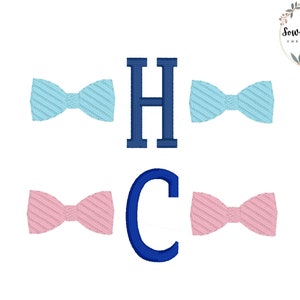 May include: A monogram design featuring the letters H and C in blue, surrounded by two blue bow ties and two pink bow ties.