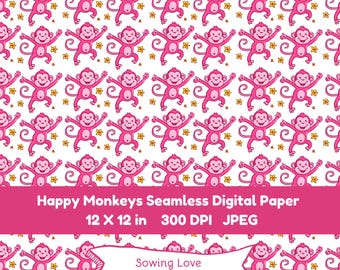 Preppy Pink Monkeys Seamless Paper - Trendy Patterns, Pink Monkey Seamless Digital Paper, Preppy Prints, Cute Monkeys, Pj Prints