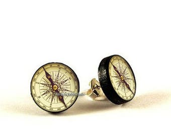 Antique Compass stud earrings, Old Compass earrings, compass jewelry, vintage compass earrings, mens earrings, Hypoallergenic earrings