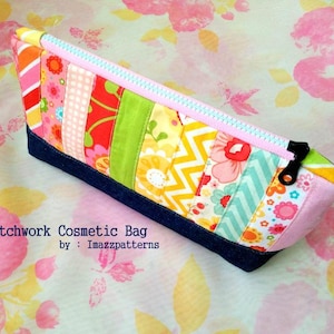 PDF sewing  pattern-2 sizes Basic clutch /cosmetic bag / stationery  case  - plus Bonus patchwork version - 2  patterns - beginners&#39; project