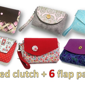 Patrón en PDF: Cartera de mano con cremallera de Clutchmates. Recibirás los 6 patrones de solapa que se muestran. Más de 80 imágenes.