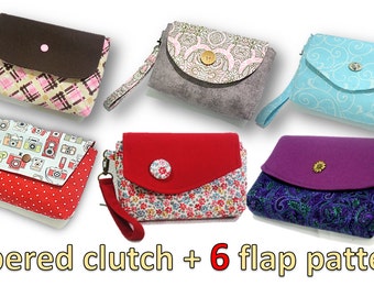 Patron PDF - Pochette zippée Clutchmates - Vous obtiendrez les 6 modèles de rabats présentés. Plus de 80 photos.