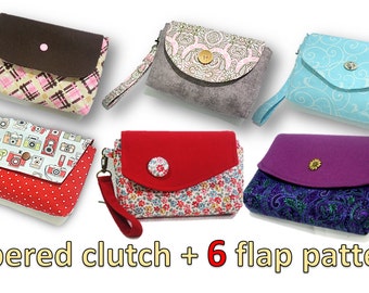 PDF pattern- zippered clutch- You will get  ALL 6 flap patterns shown. Over 80 pics.