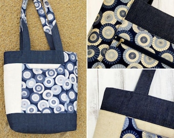 Molde de costura para bolsa em PDF - Bolsa de Ombro Back To Basics. Adequado para iniciantes e experientes na confecção de bolsas. Instruções detalhadas e fáceis de seguir.