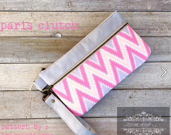 PDF pattern.  Paris - A Clutch / wristlet- practical design -2 zippered pockets- 6 card slots-  detailed instructions, lots of pics.