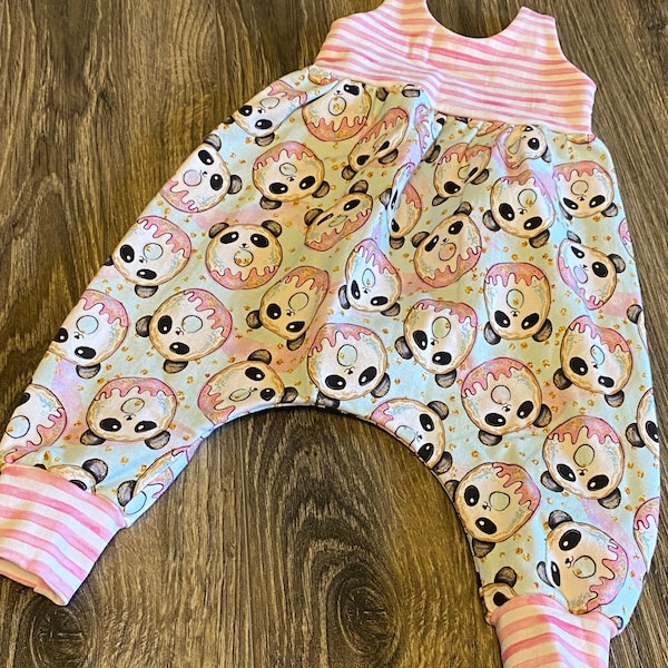 Adorable Napa baby romper in a cute panda donut print, harem romper, handmade, newborn size