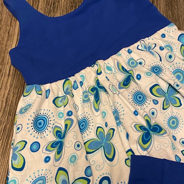 Adorable kids size 12 month & 3T romper, blue butterfly print in soft cotton lycra, custom, handmade