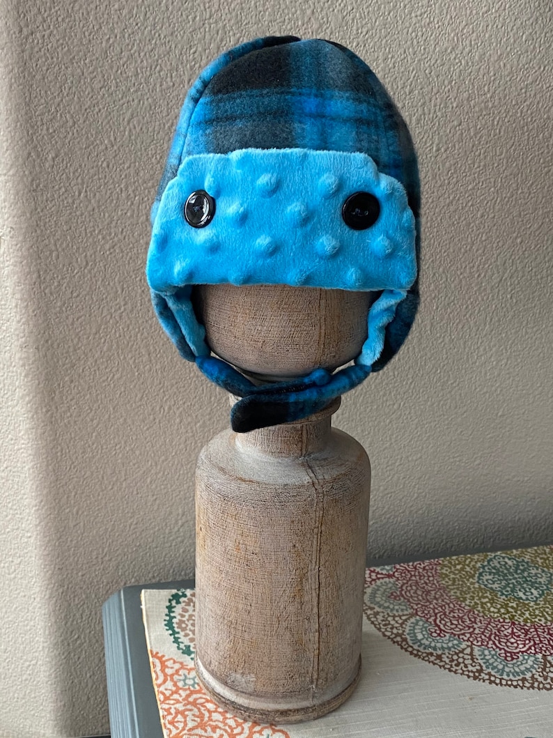 hat S 6-12 Mo Super soft Blue and Black plaid 6-12 Mo Aviator hat