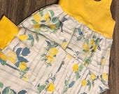 Adorable kids size 5T month romper, pretty lemon print, made from a soft cotton lycra, custom, handmade