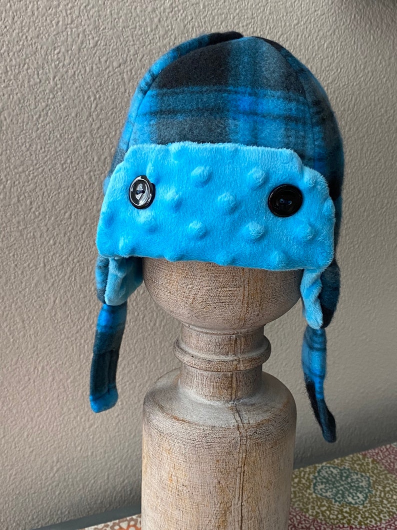 hat S 6-12 Mo Super soft Blue and Black plaid 6-12 Mo Aviator hat